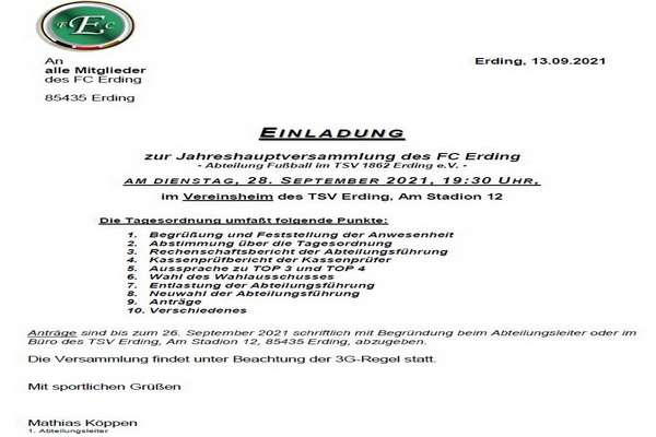 Einladung Jahreshauptversammlung 2021