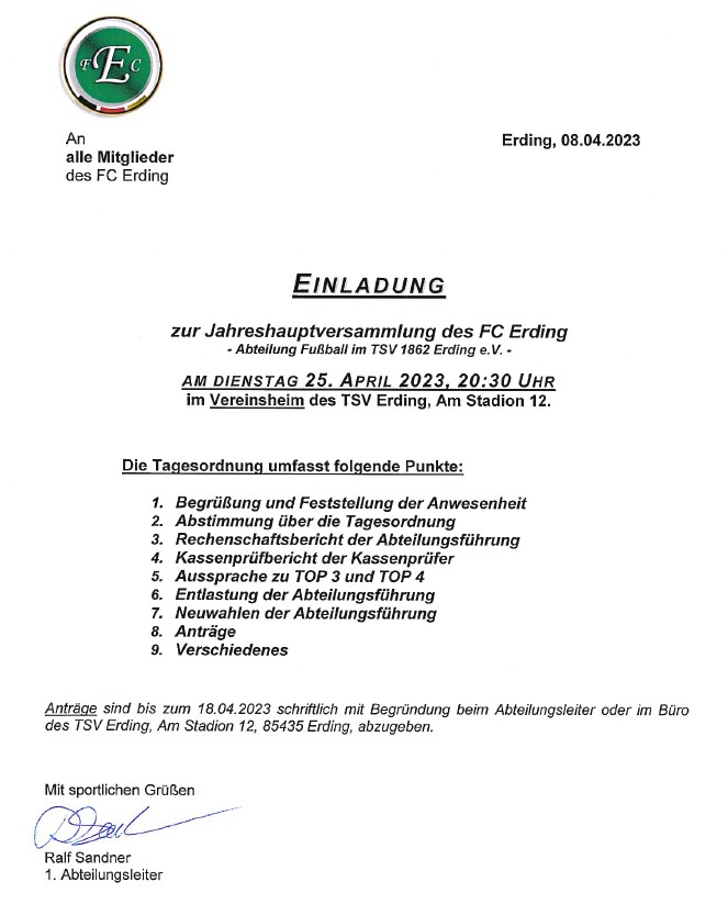 Einladung JHV 2023 FC Erding