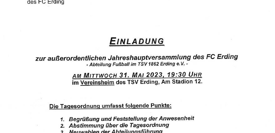 Einladung außerordentliche Jahreshauptversammlung 31.05.2023